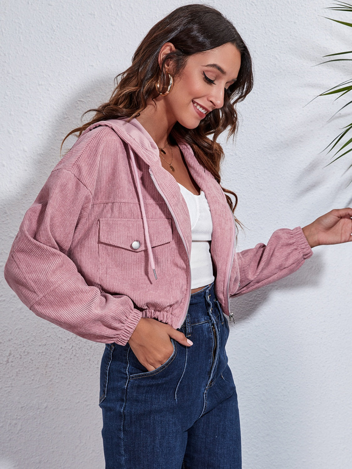 Drawstring Hooded Zip Up Jacket with Pockets-Angel Casuals