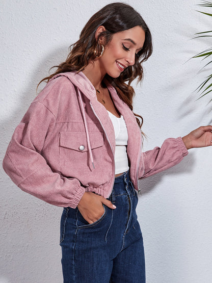 Drawstring Hooded Zip Up Jacket with Pockets-Angel Casuals
