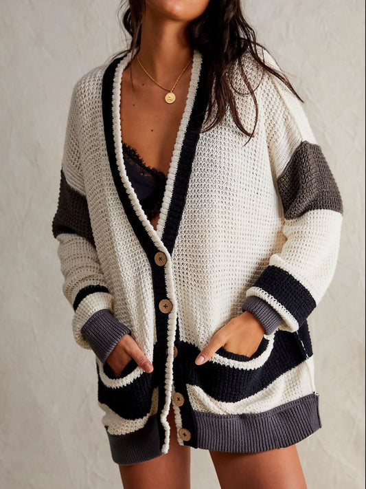 Pocketed Contrast V-Neck Long Sleeve Cardigan-Angel Casuals