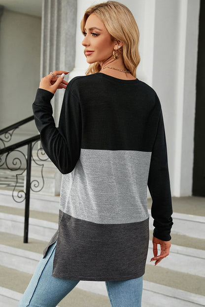 Color Block Round Neck Long Sleeve T-Shirt-Angel Casuals