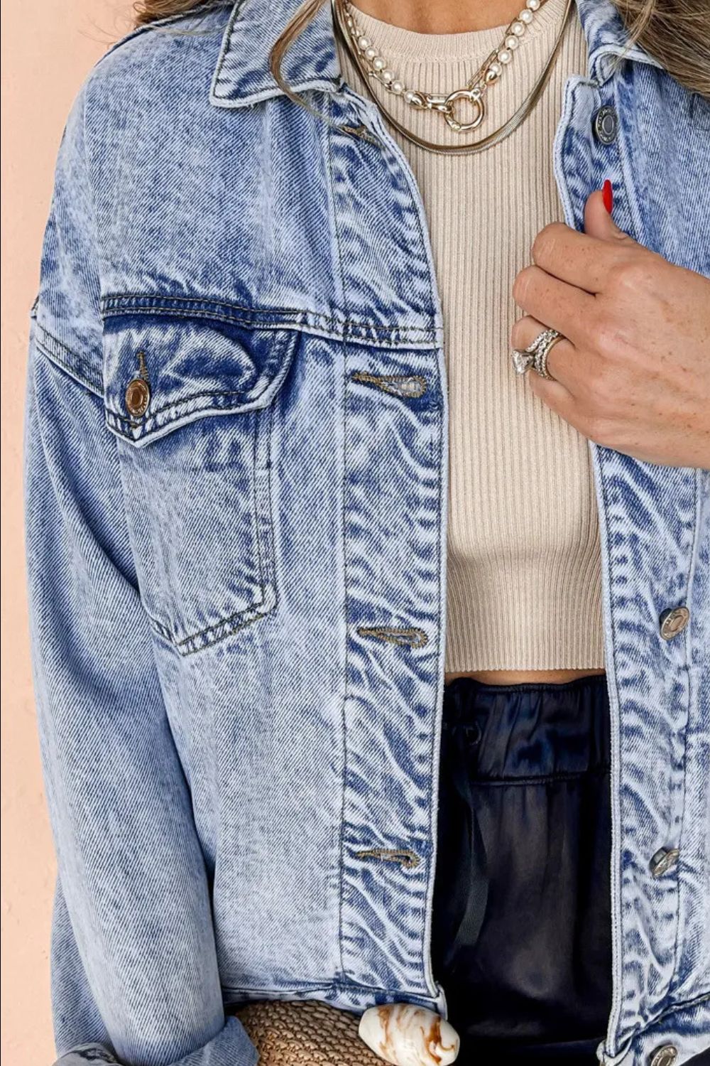 Pocketed Button Up Dropped Shoulder Denim Jacket-Angel Casuals