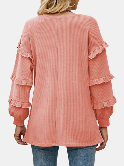 Ruffled V-Neck Long Sleeve T-Shirt-Angel Casuals