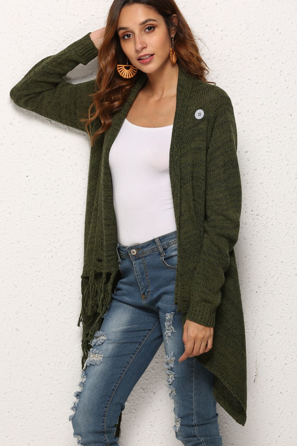 One-Button Tassel Tie Asymmetrical Hem Cardigan-Angel Casuals