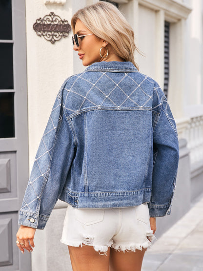 Pearl Trim Long Sleeve Denim Jacket-Angel Casuals