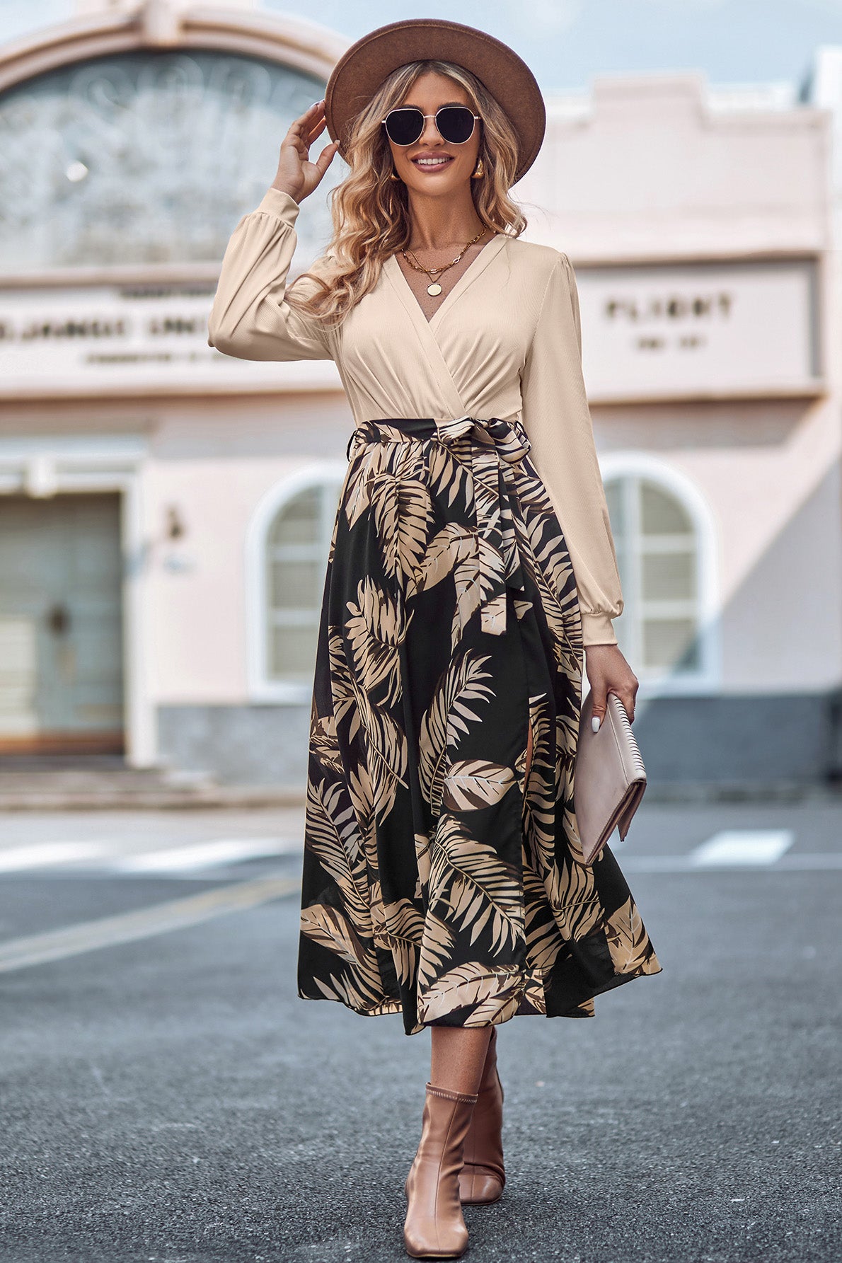 Printed Tie Waist Long Sleeve Dress-Angel Casuals