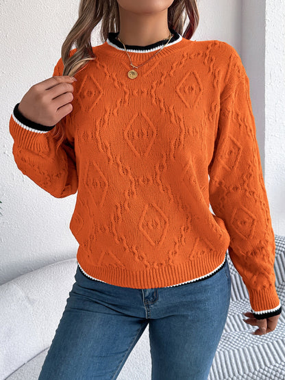 Contrast Trim Round Neck Long Sleeve Sweater-Angel Casuals