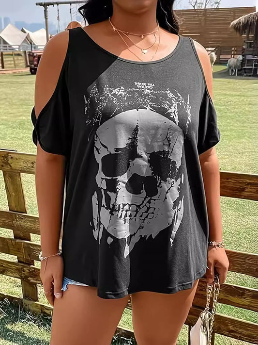 Plus Size Skeleton Graphic Round Neck Cold Shoulder T-Shirt-Angel Casuals