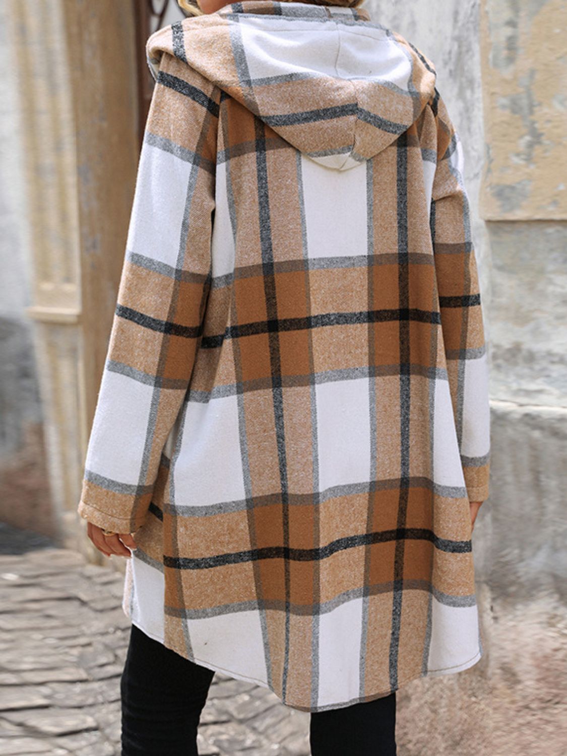 Drawstring Plaid Zip Up Long Sleeve Hooded Outerwear-Angel Casuals