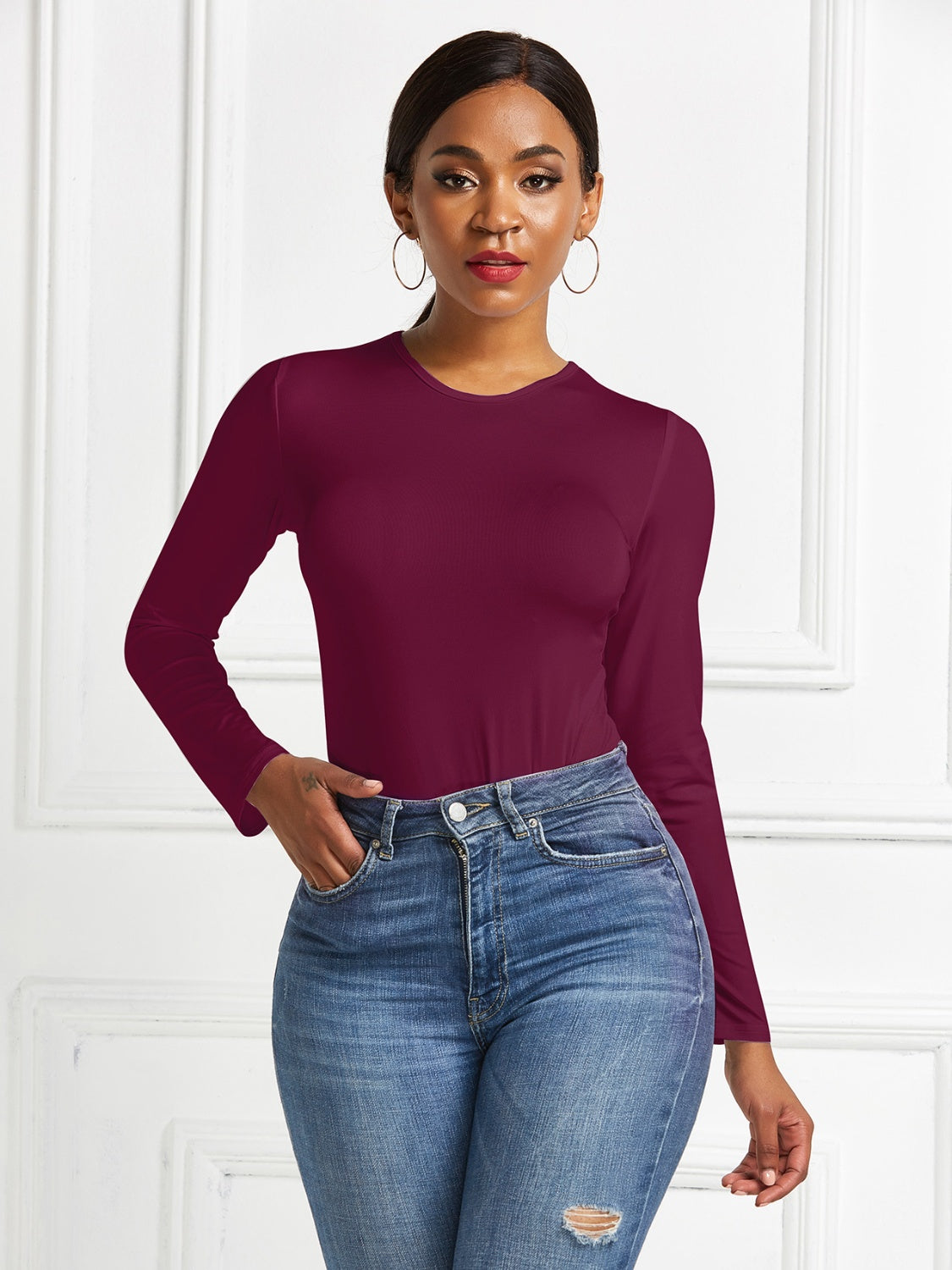 Round Neck Long Sleeve Bodysuit-Angel Casuals