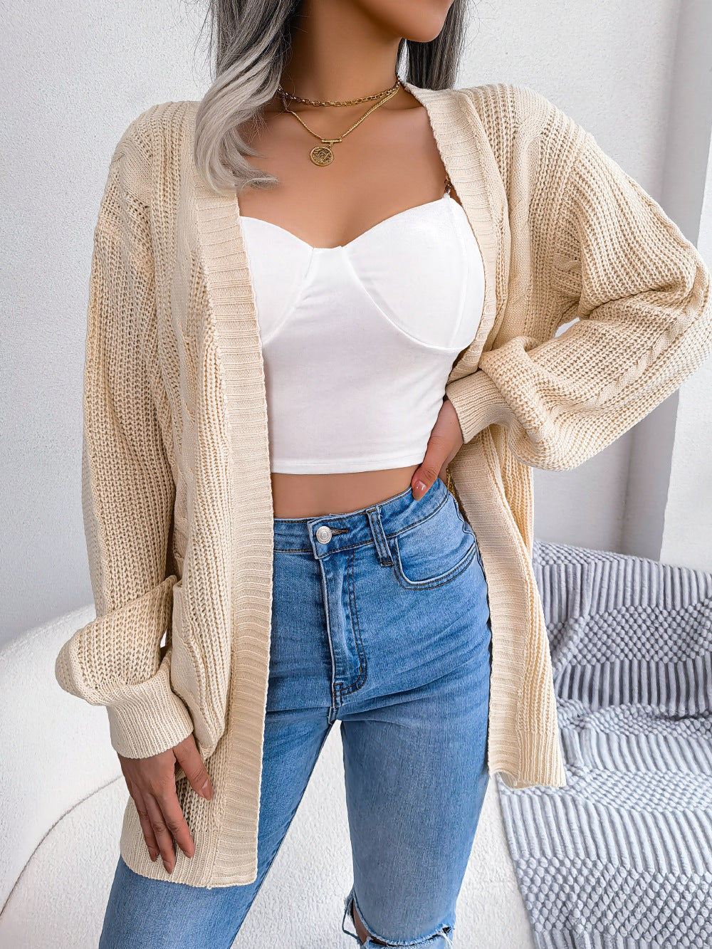 Cable-Knit Open Front Pocketed Cardigan-Angel Casuals