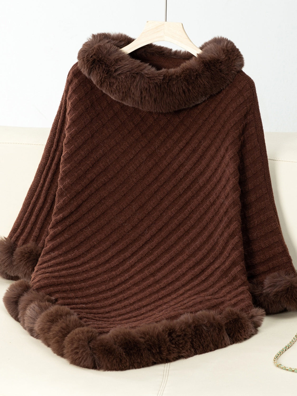 Fuzzy Trim Texture Three-Quarter Sleeve Poncho-Angel Casuals