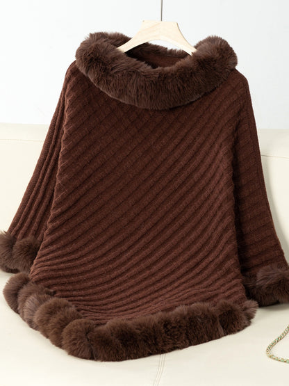 Fuzzy Trim Texture Three-Quarter Sleeve Poncho-Angel Casuals
