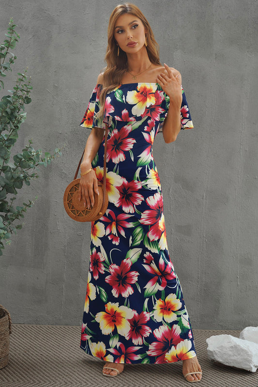 Floral Layered Off-Shoulder Maxi Dress-Angel Casuals