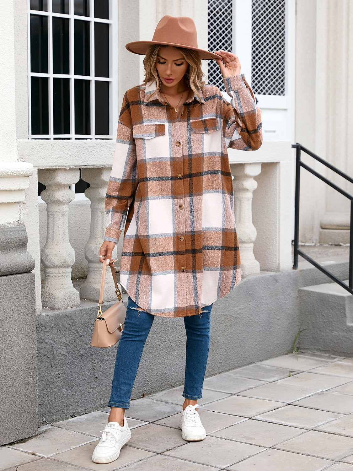 Plaid Button Up Long Sleeve Longline Outerwear-Angel Casuals