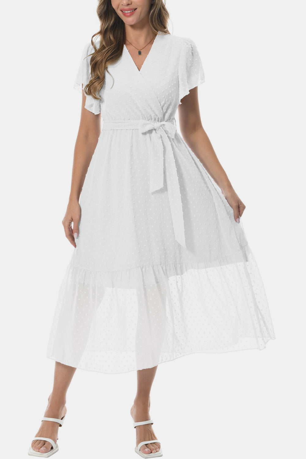 Surplice Neck Flutter Sleeve Tied Dress-Angel Casuals