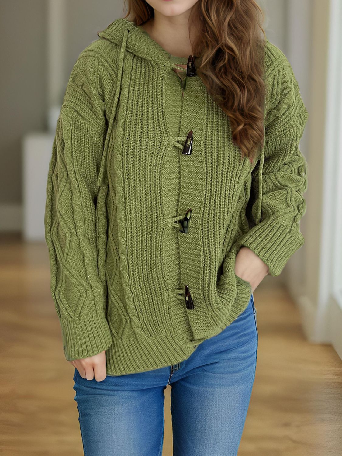 Cable-Knit Long Sleeve Hooded Cardigan-Angel Casuals