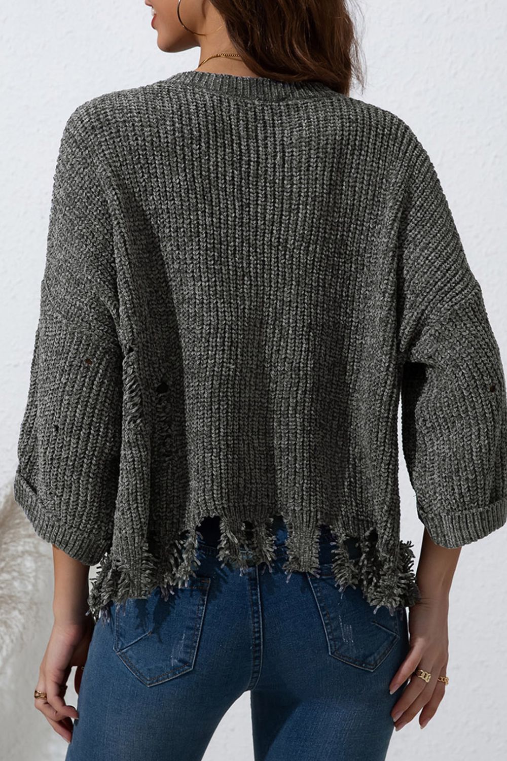 Distressed Round Neck Drop Shoulder Sweater-Angel Casuals