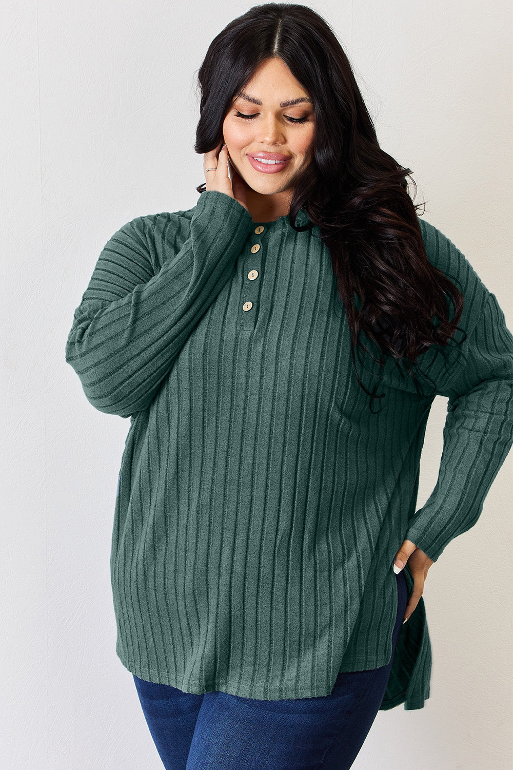 Basic Bae Full Size Ribbed Half Button Long Sleeve High-Low T-Shirt-Angel Casuals