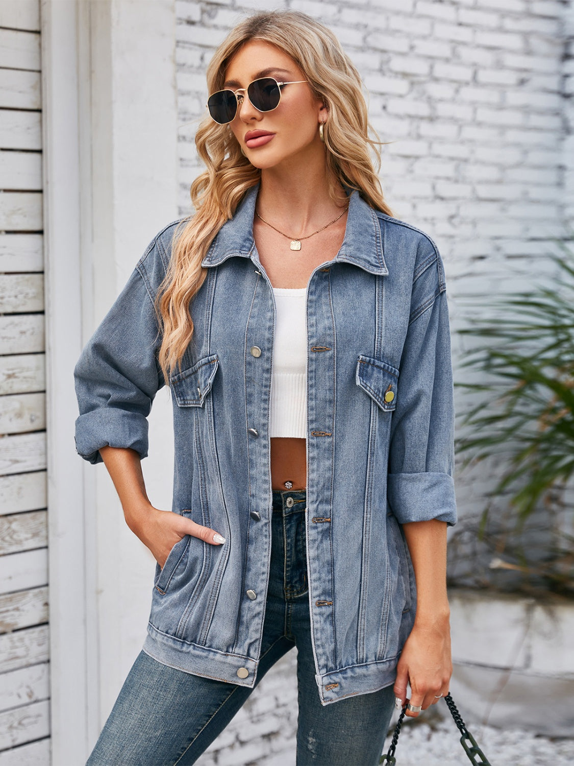 Button Up Long Sleeve Denim Jacket-Angel Casuals