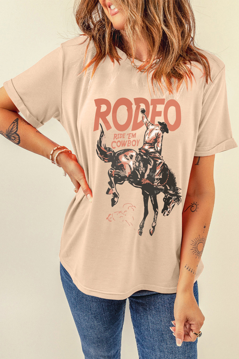 Cowboy Graphic Round Neck Short Sleeve T-Shirt-Angel Casuals