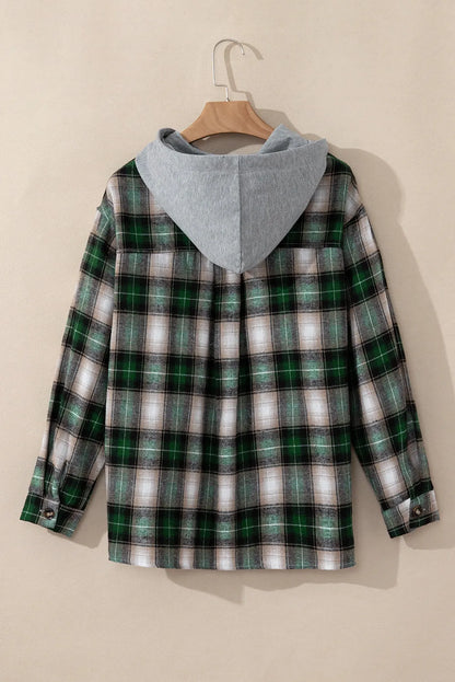 Drawstring Pocketed Plaid Hooded Jacket-Angel Casuals