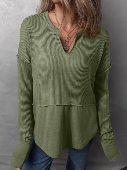 Waffle-Knit Notched Long Sleeve T-Shirt-Angel Casuals