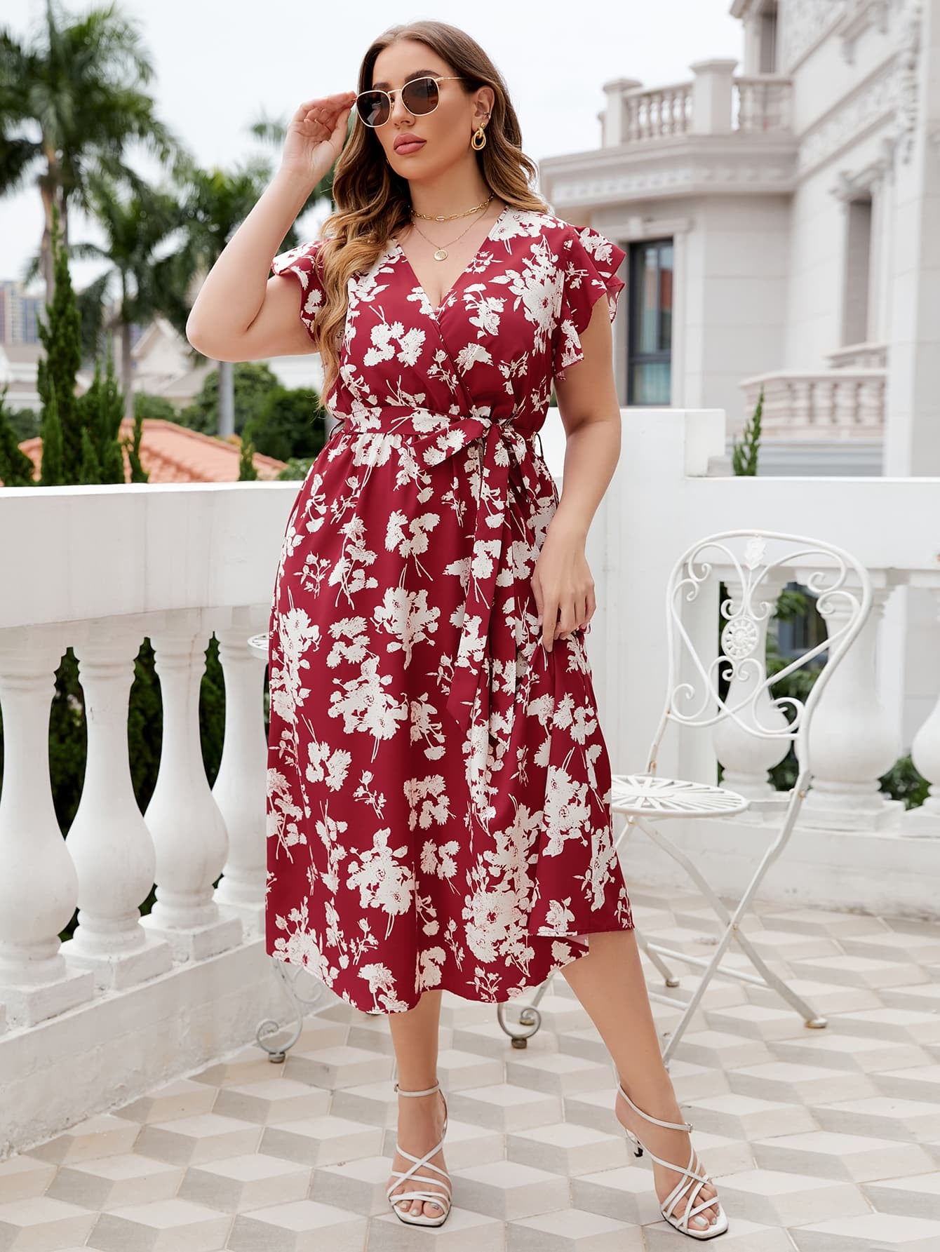 Plus Size Floral Tie Waist Surplice Neck Midi Dress-Angel Casuals