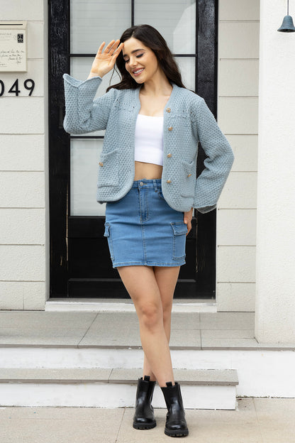 Button Up Long Sleeve Cardigan with Pockets-Angel Casuals