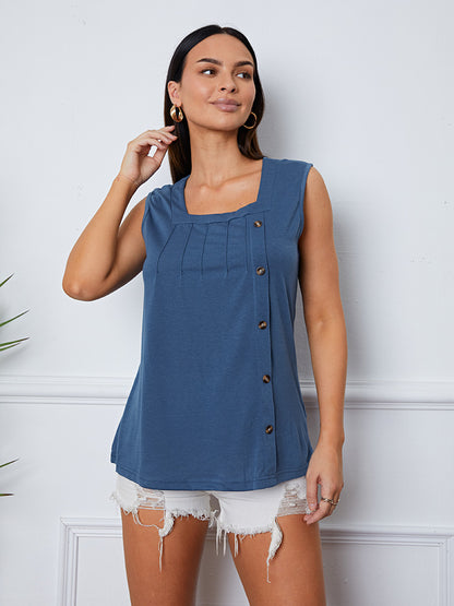 Square Neck Decorative Button Tank-Angel Casuals