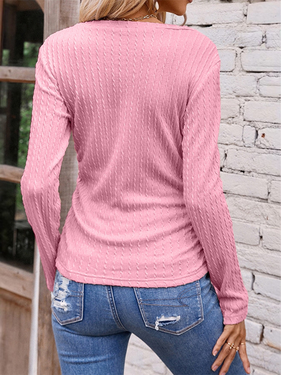 Textured Ruched V-Neck Long Sleeve T-Shirt-Angel Casuals