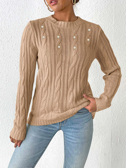 Cable-Knit Round Neck Long Sleeve Sweater-Angel Casuals