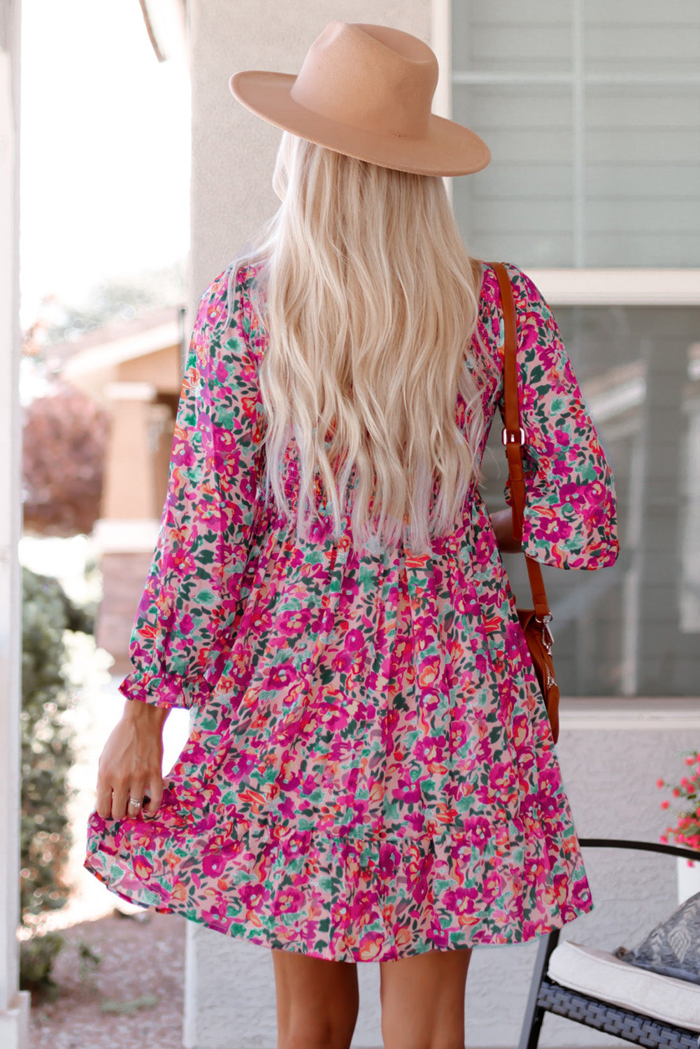 Floral Smocked V-Neck Flounce Sleeve Dress-Angel Casuals