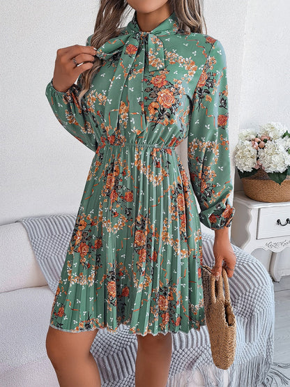 Pleated Printed Tie Neck Long Sleeve Dress-Angel Casuals