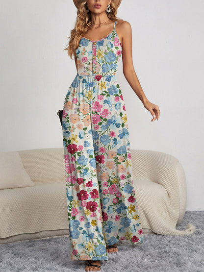 Decorative Button Spaghetti Strap Wide Leg Jumpsuit-Angel Casuals