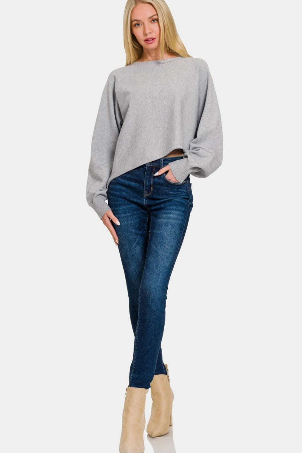 Zenana Asymmetric Hem Long Sleeve Sweater-Angel Casuals