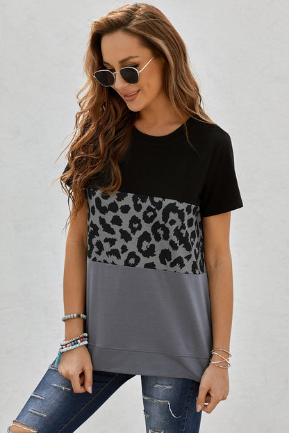 Leopard Print Color Block Short Sleeve T-Shirt-Angel Casuals