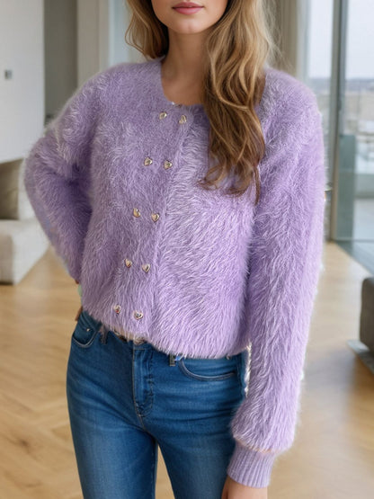 Heart Button Round Neck Cardigan-Angel Casuals