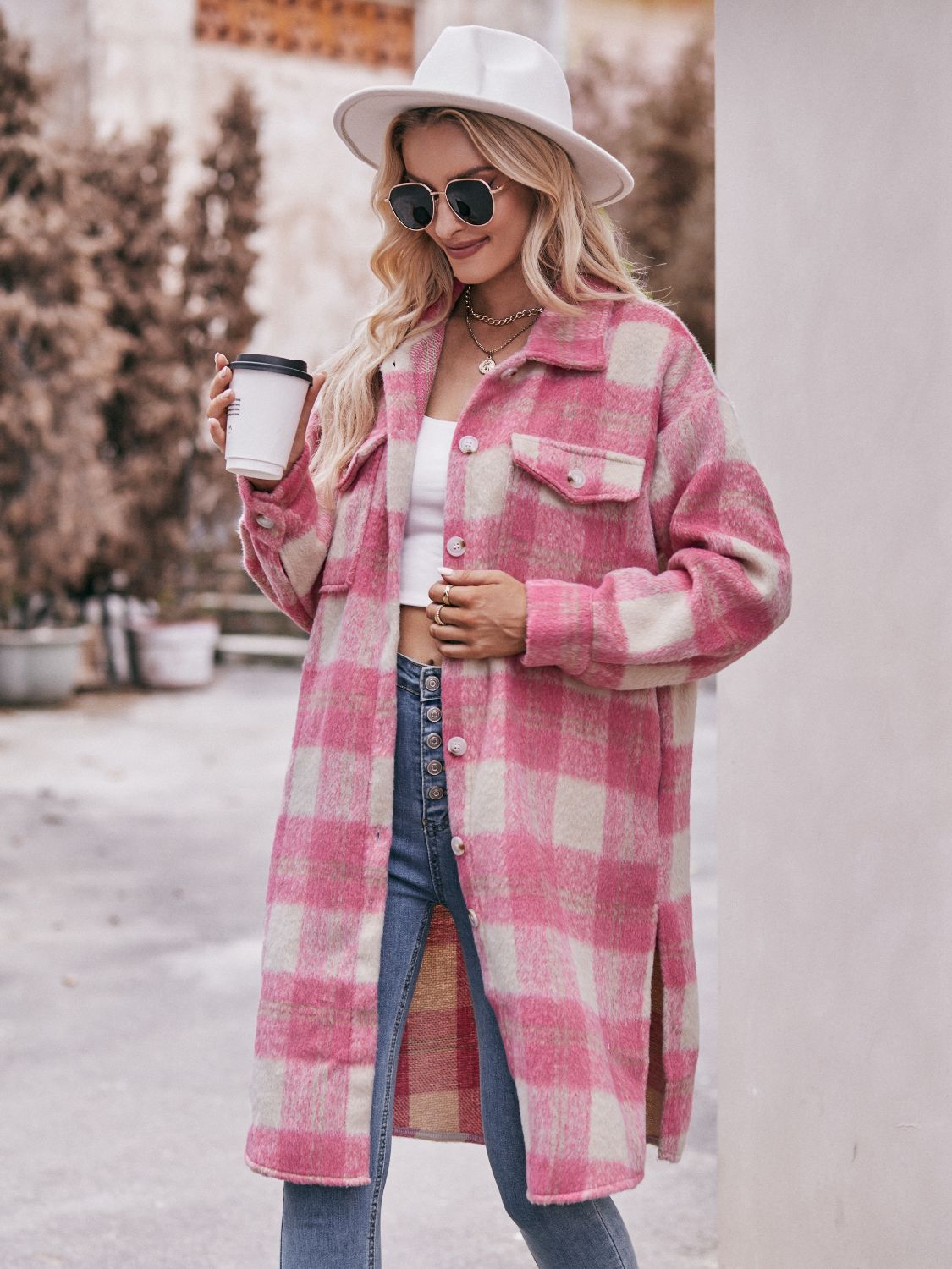 Mandy Plaid Dropped Shoulder Slit Coat-Angel Casuals