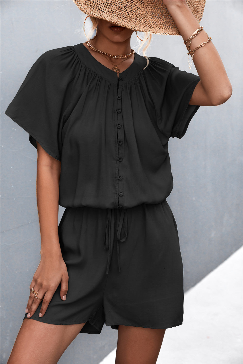 Buttoned Gather Detail Romper-Angel Casuals