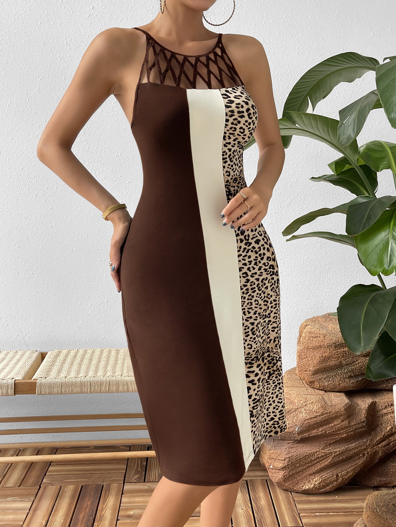 Leopard Color Block Cutout Sleeveless Knee-Length Dress-Angel Casuals