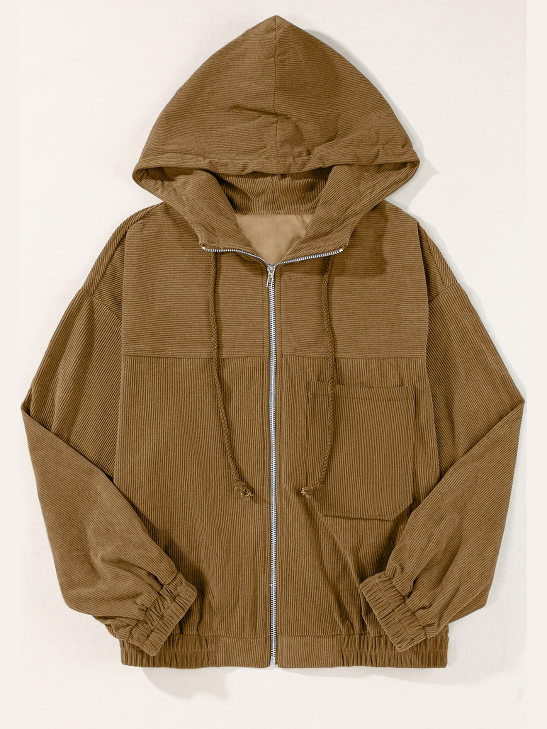 Drawstring Zip Up Long Sleeve Hooded Jacket-Angel Casuals