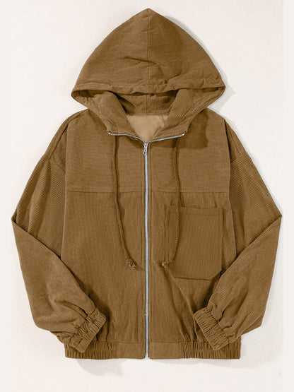 Drawstring Zip Up Long Sleeve Hooded Jacket-Angel Casuals