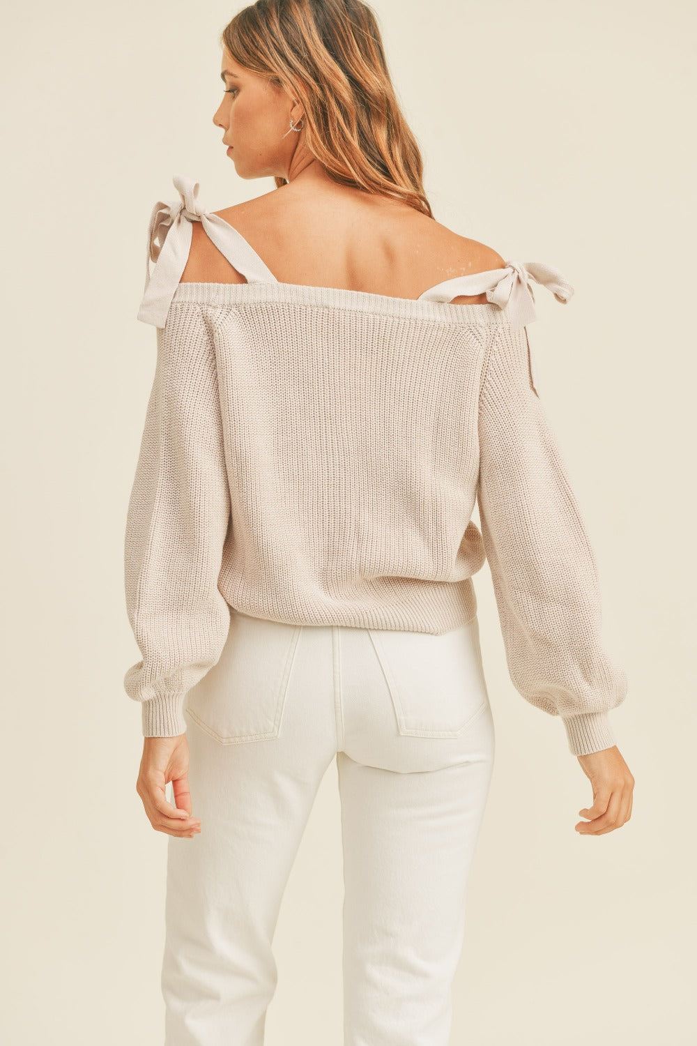 MABLE Off Shoulder Self Tie Strap Button Down Sweater-Angel Casuals