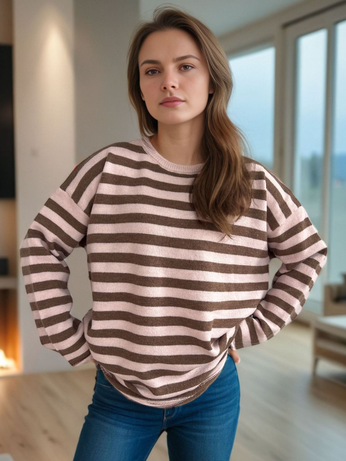 Distressed Striped Round Neck Long Sleeve Sweater-Angel Casuals