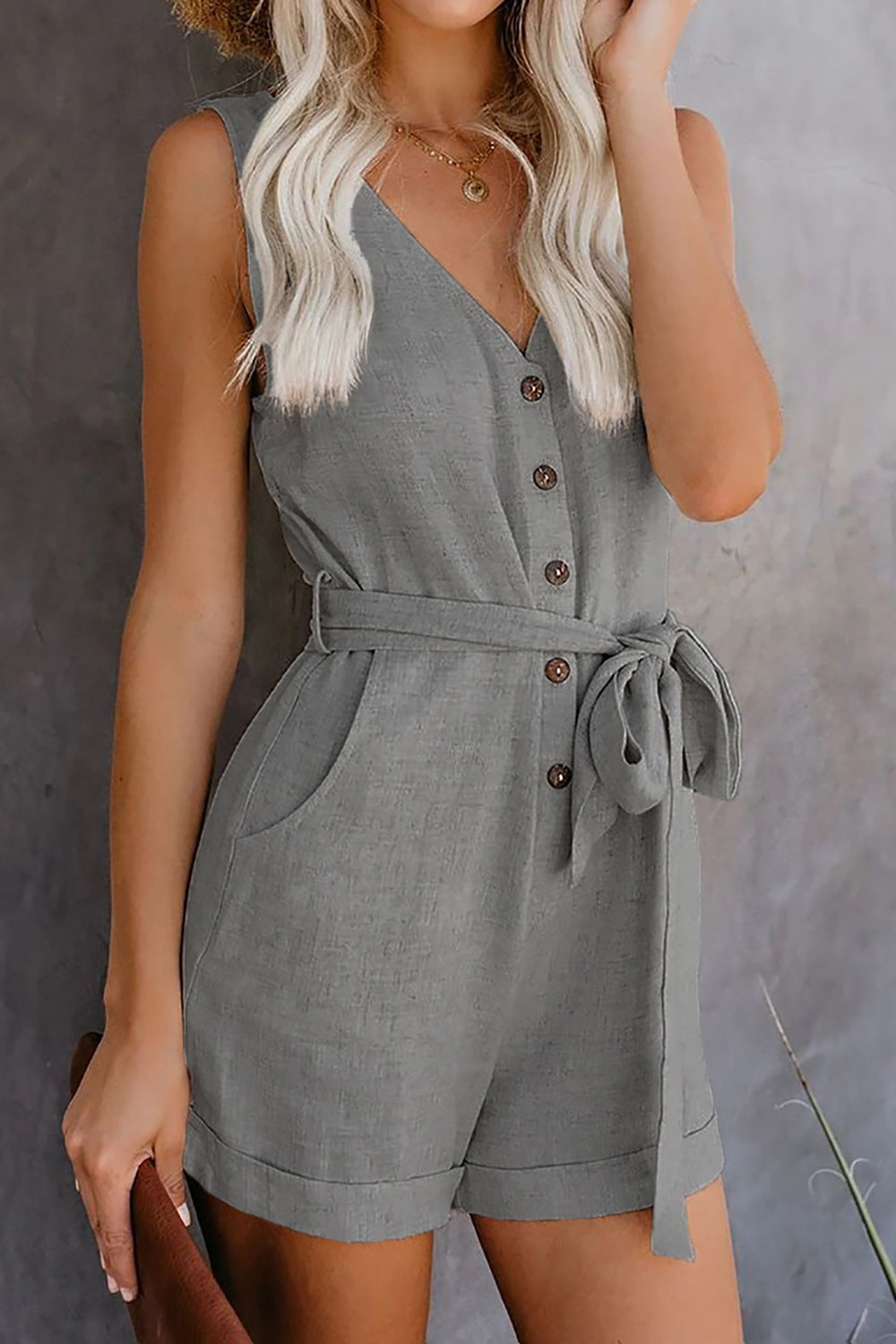 Full Size Tied V-Neck Sleeveless Romper with Pockets-Angel Casuals