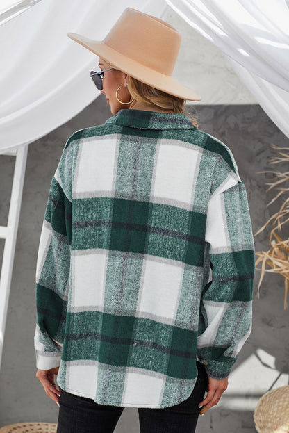 Plaid Button Up Dropped Shoulder Jacket-Angel Casuals