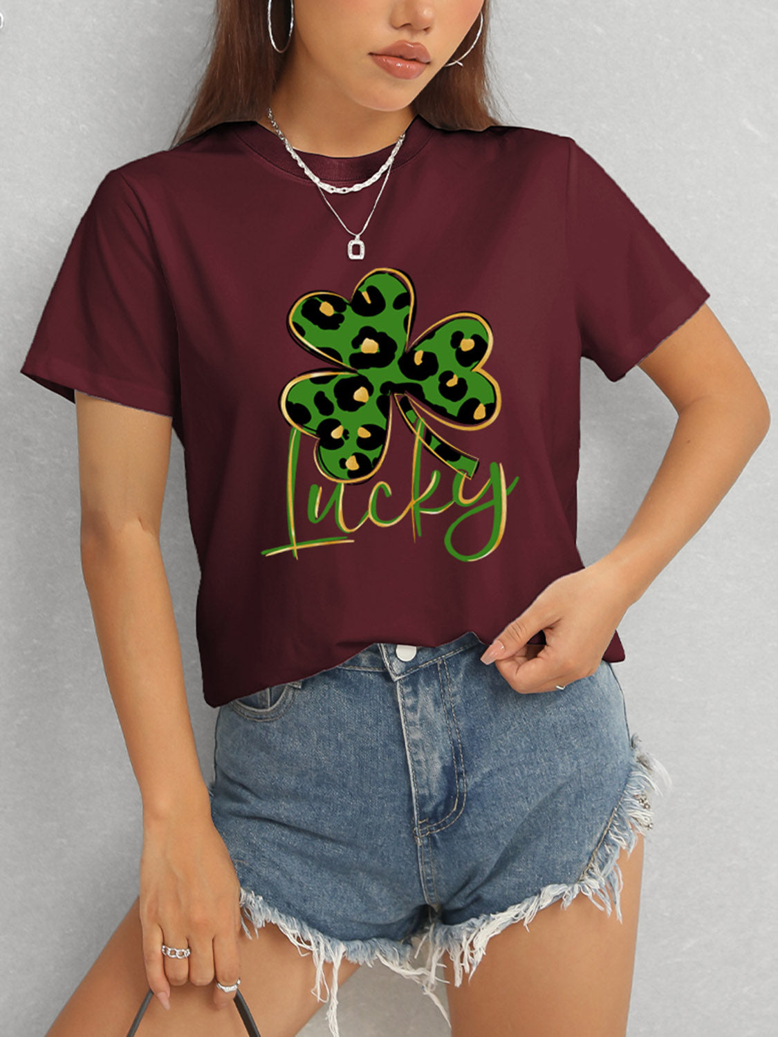 Lucky Clover Round Neck Short Sleeve T-Shirt-Angel Casuals