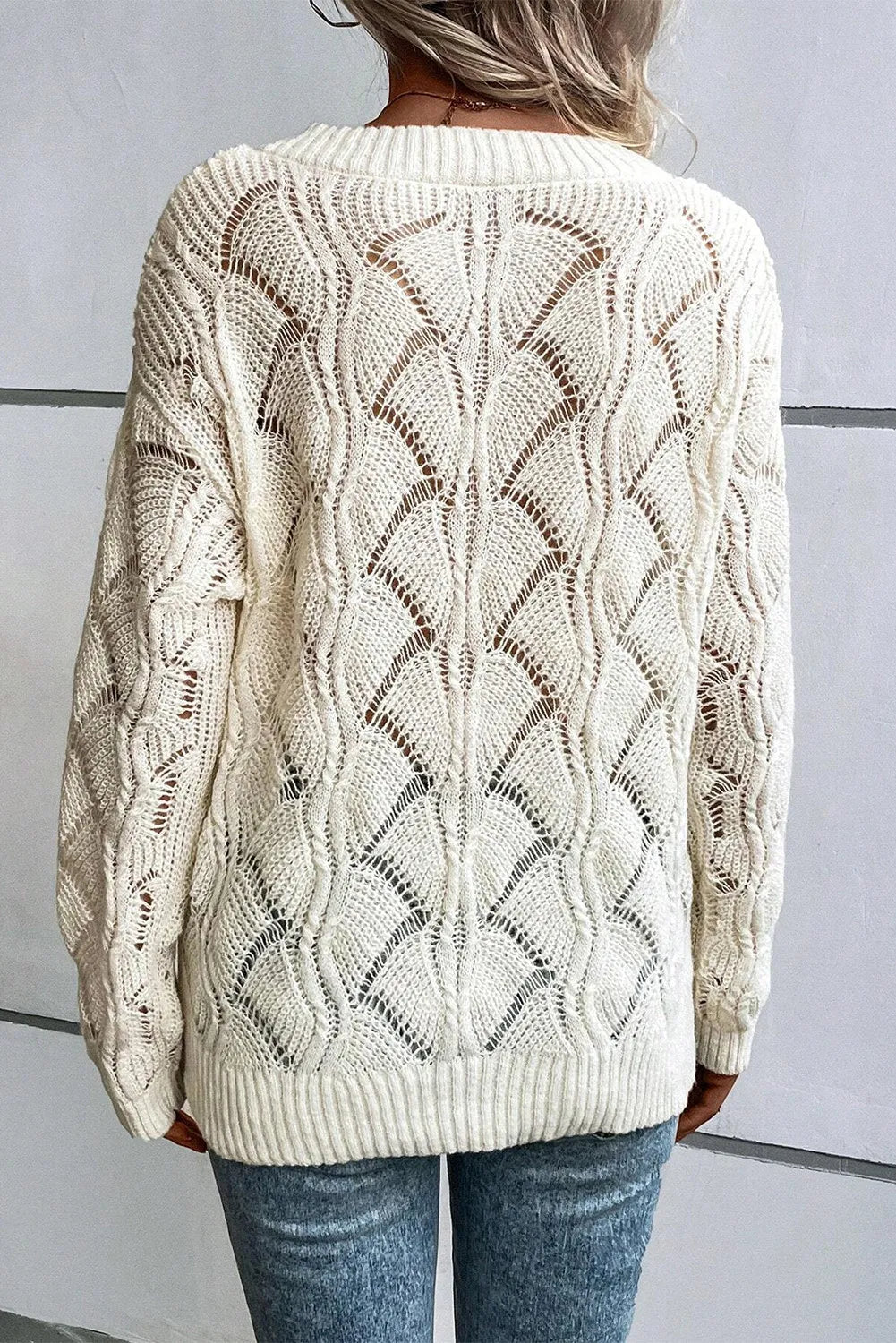 Openwork V-Neck Long Sleeve Sweater-Angel Casuals