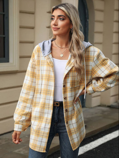Drawstring Plaid Button Up Hooded Jacket-Angel Casuals