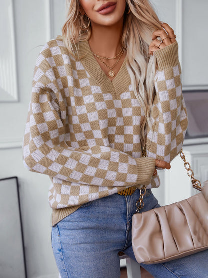 Checkered V-Neck Dropped Shoulder Sweater-Angel Casuals